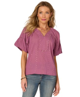 Democracy - Petite Cotton Embroidered Bubble-Sleeve Top