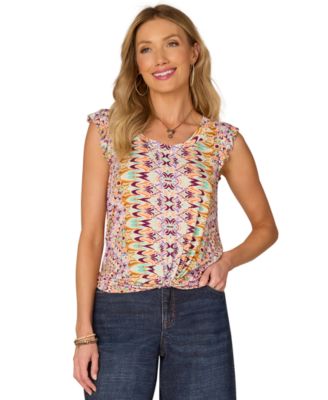 Democracy - Petite Scoop-Neck Knot-Hem Cap-Sleeve Top