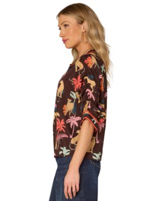 Petite Printed Split-Neck Ruched-Sleeve Top