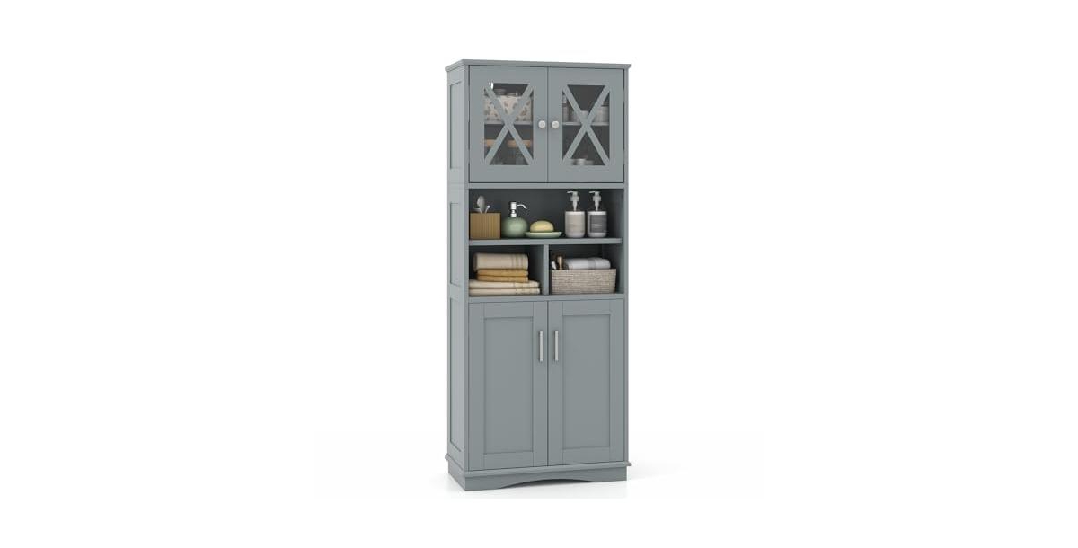 Tall Bathroom Cabinet Large Floor Storage Cabinet with Acrylic Doors and 3 Cubes - Grey