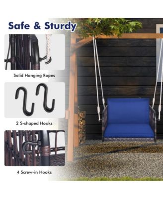 1-Person Rattan Hanging Porch Swing Seat with Cushions and Ropes