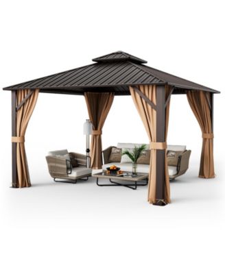12 x 12 Feet Double-Roof Patio Hardtop Gazebo with Galvanized Steel Roof Netting and Curtains