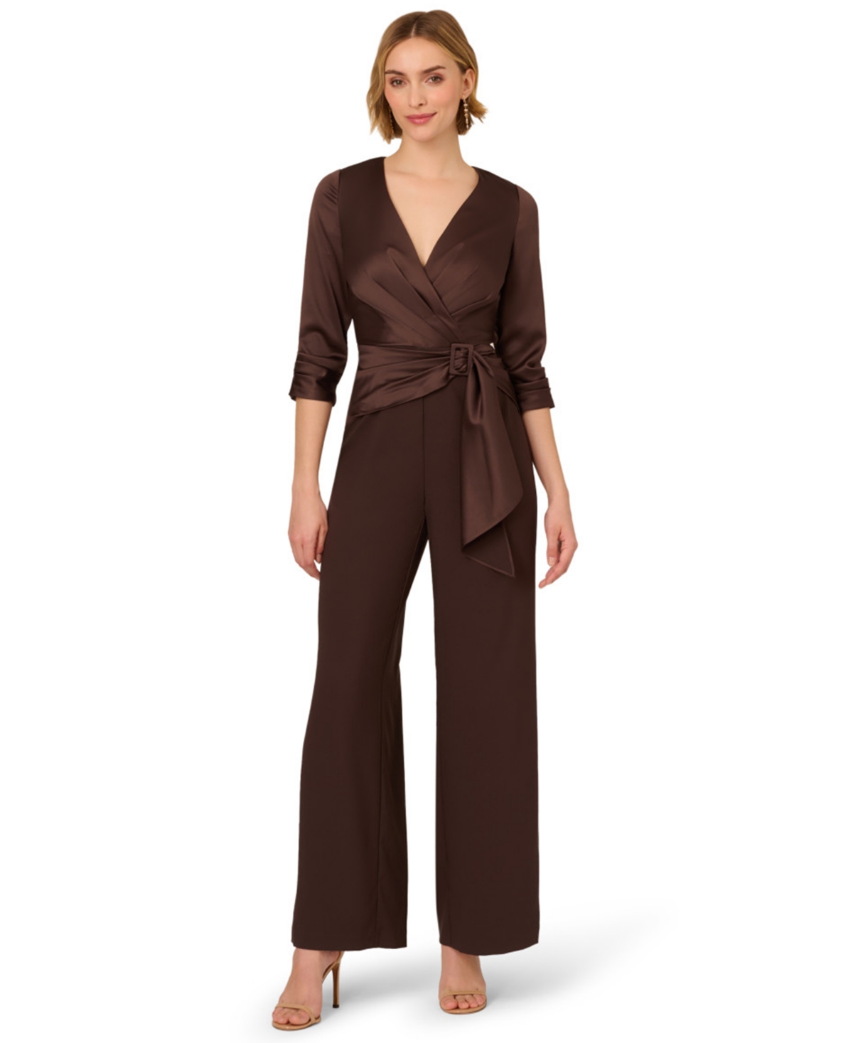 Women's Crepe 3/4-Sleeve Jumpsuit - Dark Brown