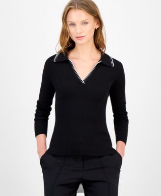 T Tahari - Women's Ribbed-Knit Polo Top