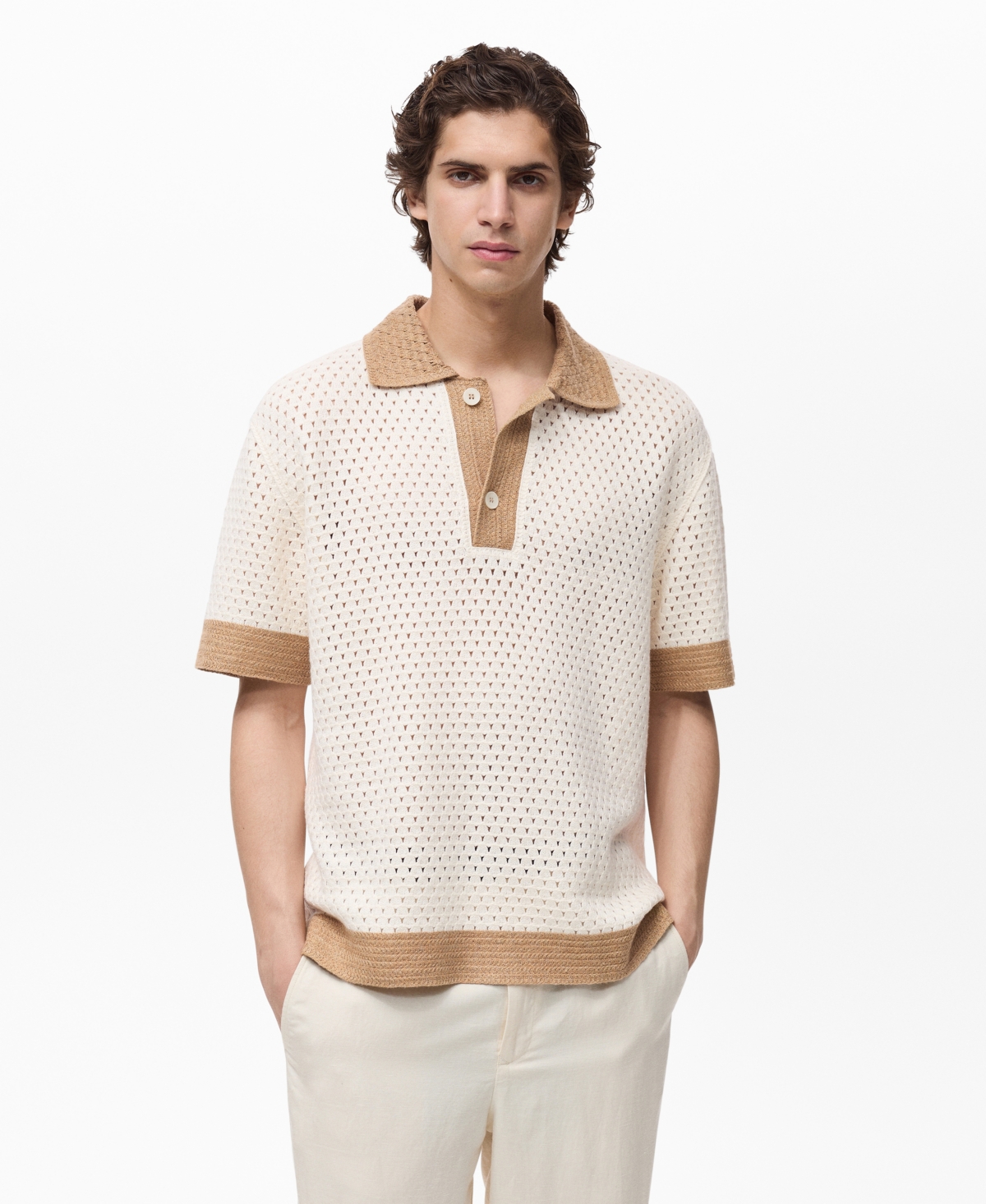Men's Contrasting Details Openwork Knitted Polo Shirt - Ivory White