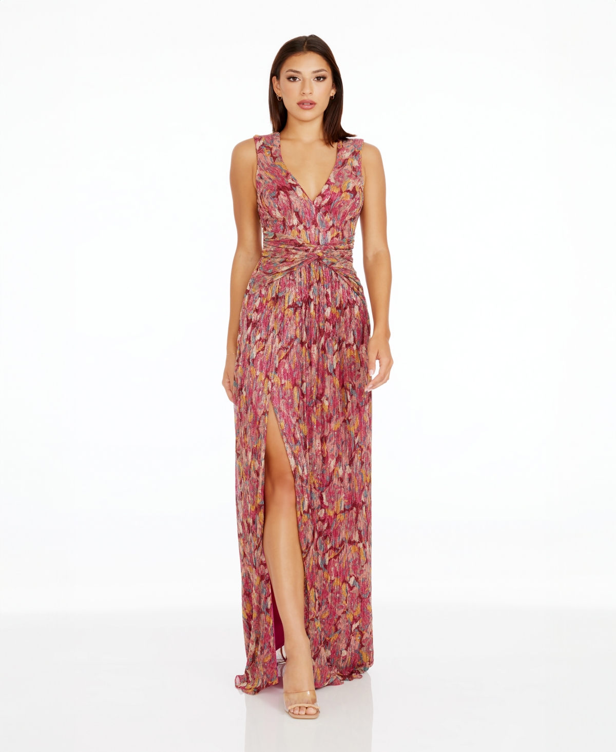 Dress The Population Leanna Print Metallic Sleeveless Gown In Brown