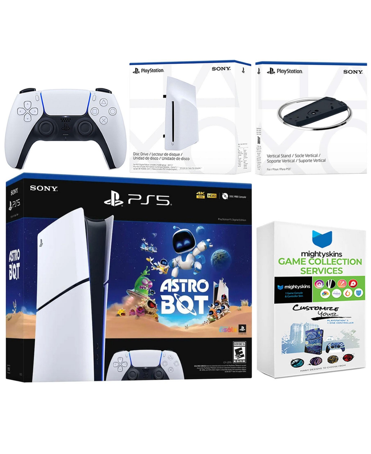Sony PlayStation 5 Astro Bot Slim Digital Bundle with Disc Drive, Vertical Stand, and MightySkins Game Collection Services - White