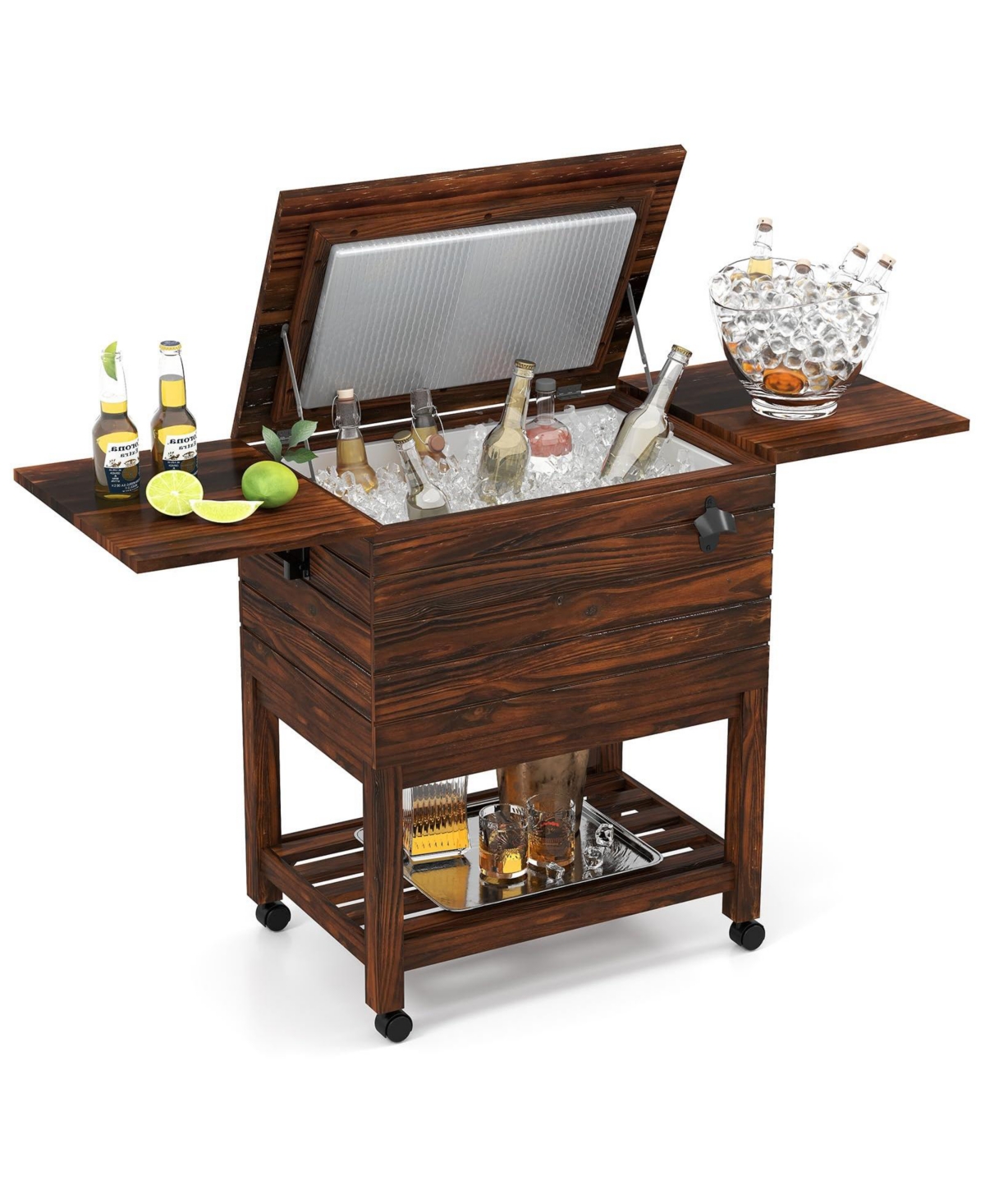 54 Quart Wooden Cooler Cart for Patio Rolling Ice Chest with Shelves - Brown