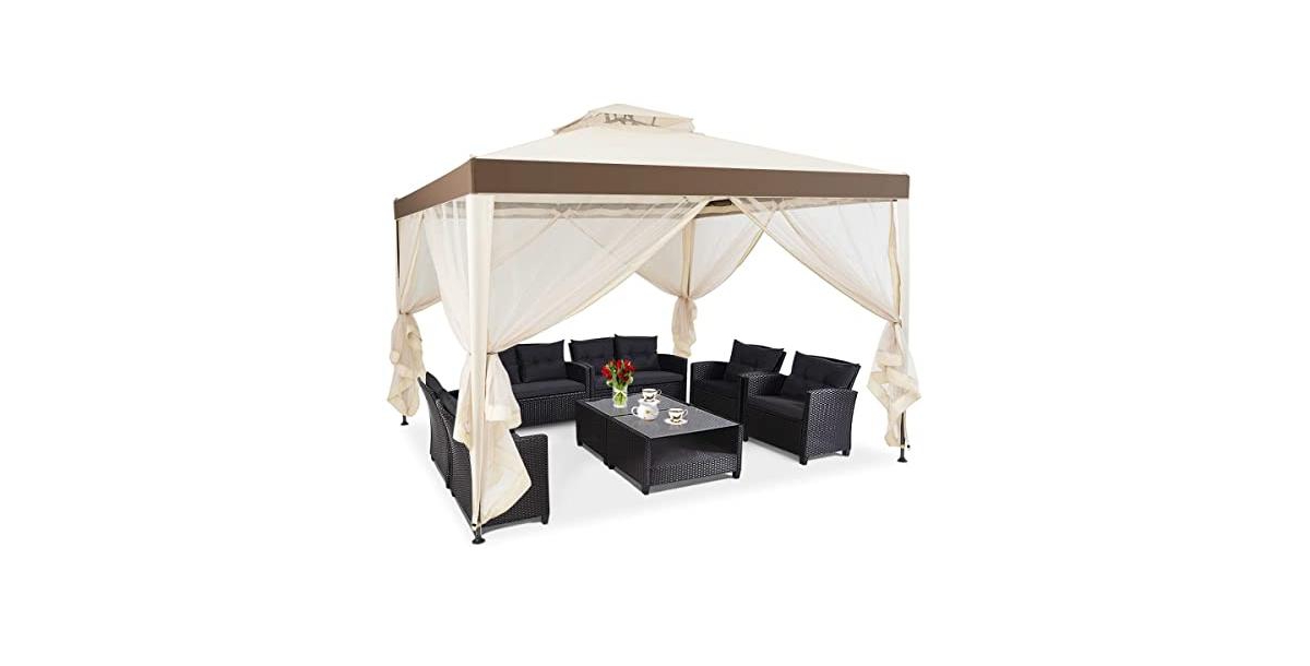 10 x 10 Feet Patio Canopy Gazebo with Neting and Double Tiered Roof - Grey