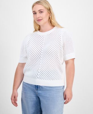 Trendy Plus Size Diagonal-Knit Puff-Sleeve Sweater, Exclusively at Macy's