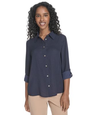 Tommy Hilfiger - Women's Slim-Fit Pin-Dot Roll-Tab-Sleeve Shirt