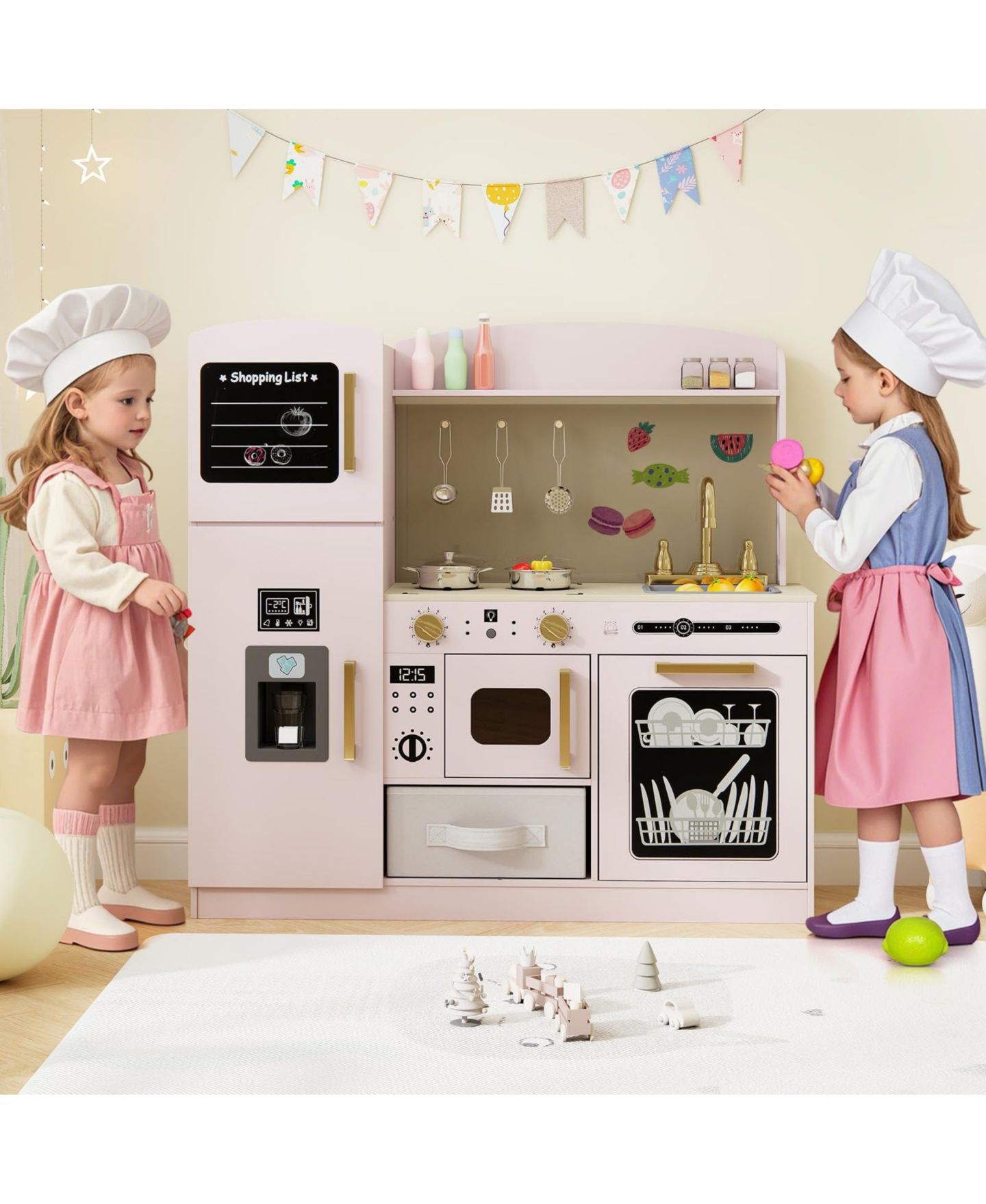 Детская игрушка Mecale Wooden Play Kitchen with Light-Up Microwave, Ice Maker, and Chalkboard, Ages 3+, цвет: Розовый — фото 2