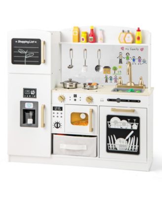 Wooden Kids Kitchen Playset with Chalkboard Ice Maker Sink Lighted Microwave