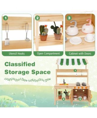 Mud Kitchen Fir Wood Play Kitchen with Canopy and Sink and 4 Stoves
