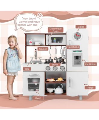Kids Kitchen Playset with Realistic Sounds and Lights-Brown & White