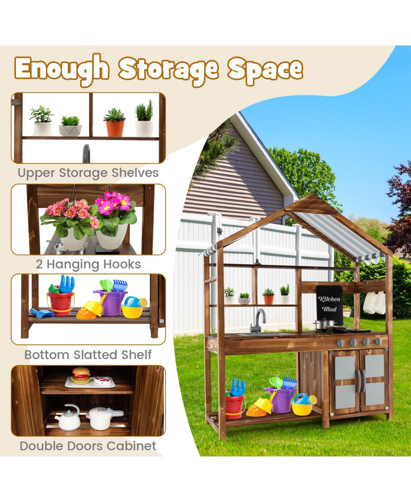 Детская игрушка Mecale Kid's Mud Kitchen Outdoor Solid Wood Mud Kitchen with Canopy, цвет: Натуральный — фото 8