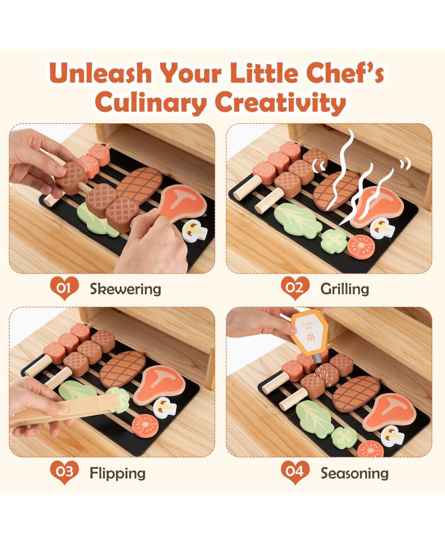 Детский игровой набор Mecale Wooden Barbecue Grill Playset with Chalkboard and Removable Sink, Ages 3+, цвет: Натуральный — фото 6