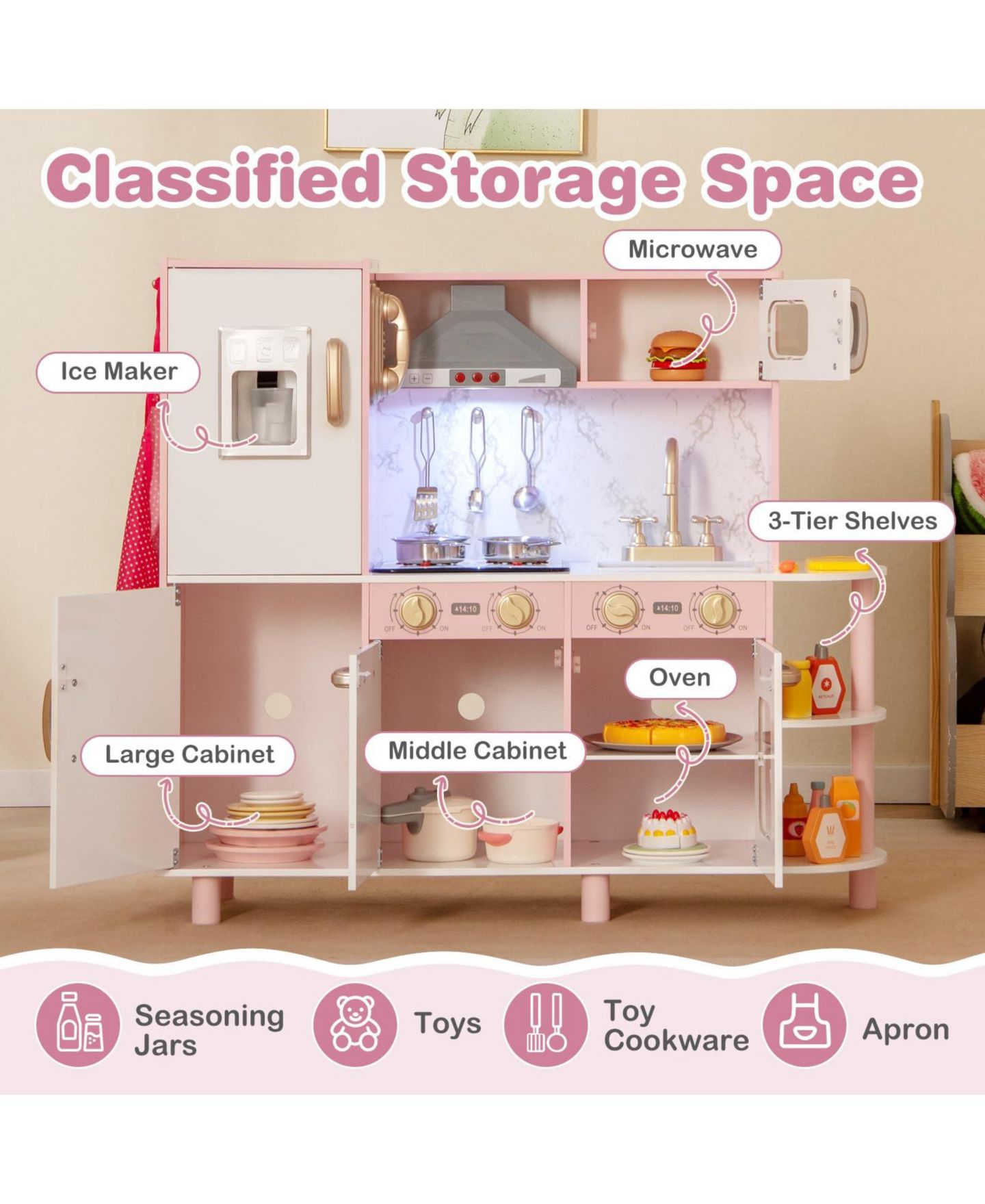 Детский игровой набор Mecale Wooden Kitchen Playset with Lights and Sounds, Ages 3+, цвет: Розовый — фото 6