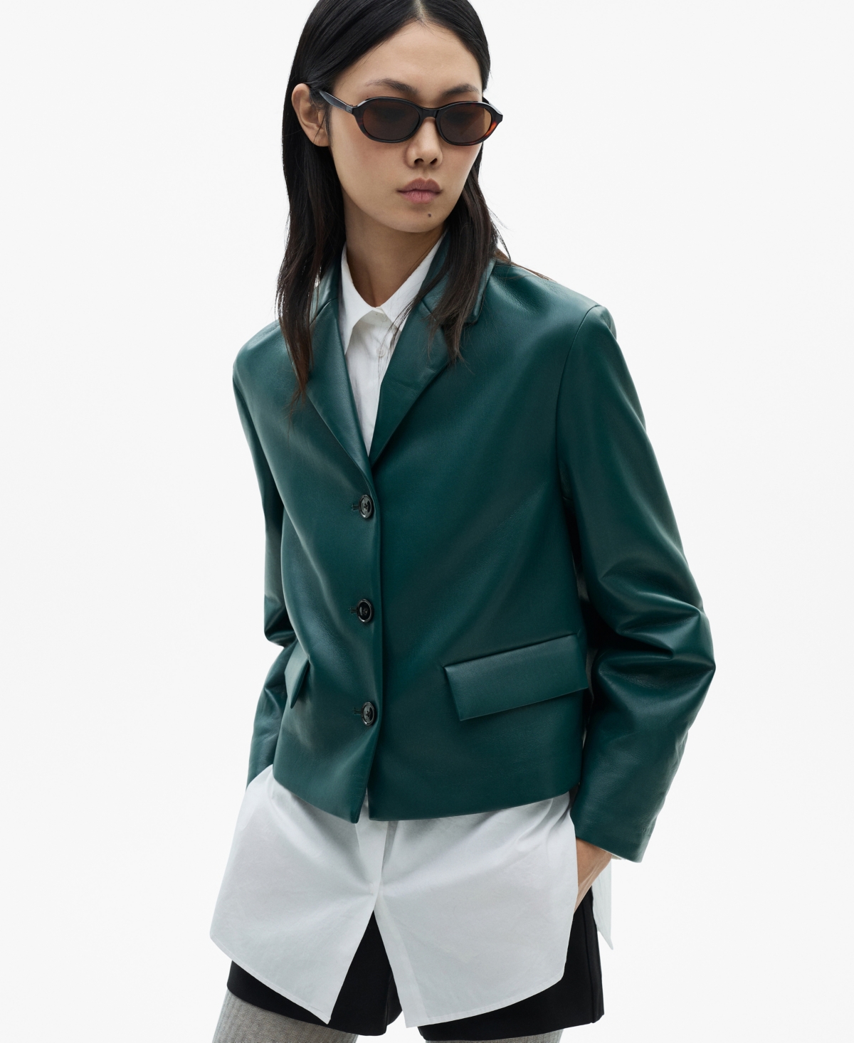 Women's Flap Pockets and Leather Effect Jacket - Blue