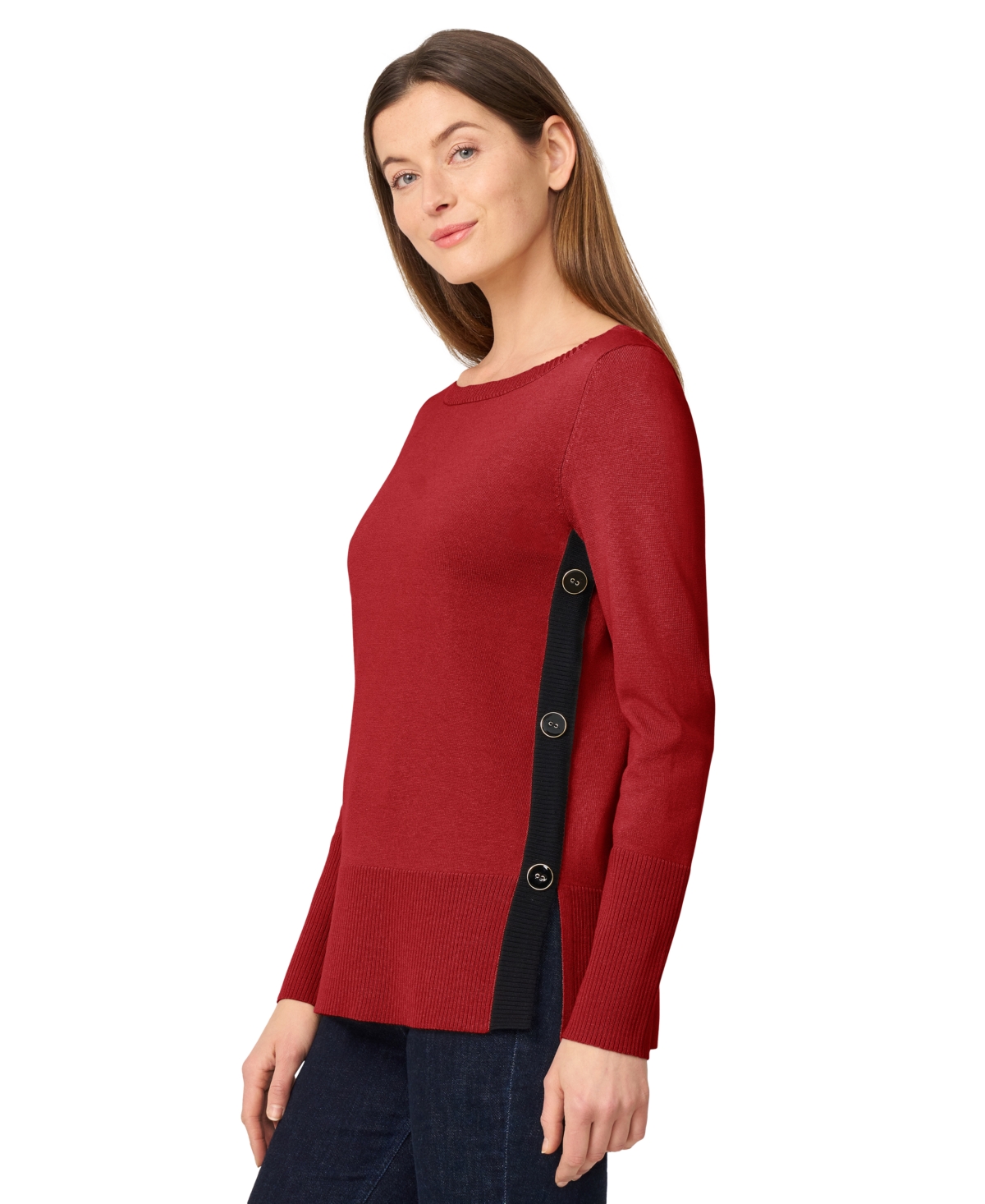 Melissa Paige Women's Contrast-trim Side-button Tunic Sweater In Red