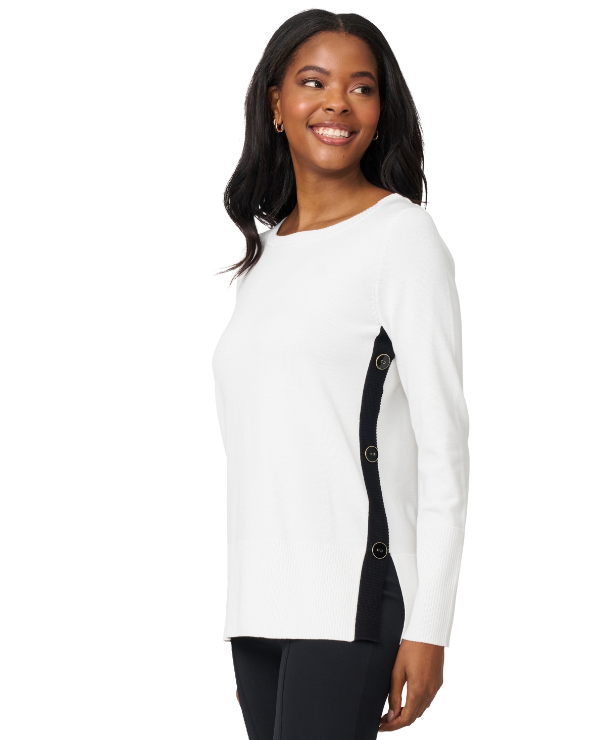 Melissa Paige Women's Contrast-trim Side-button Tunic Sweater In White