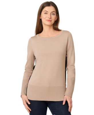 Women's Contrast-Trim Side-Button Tunic Sweater