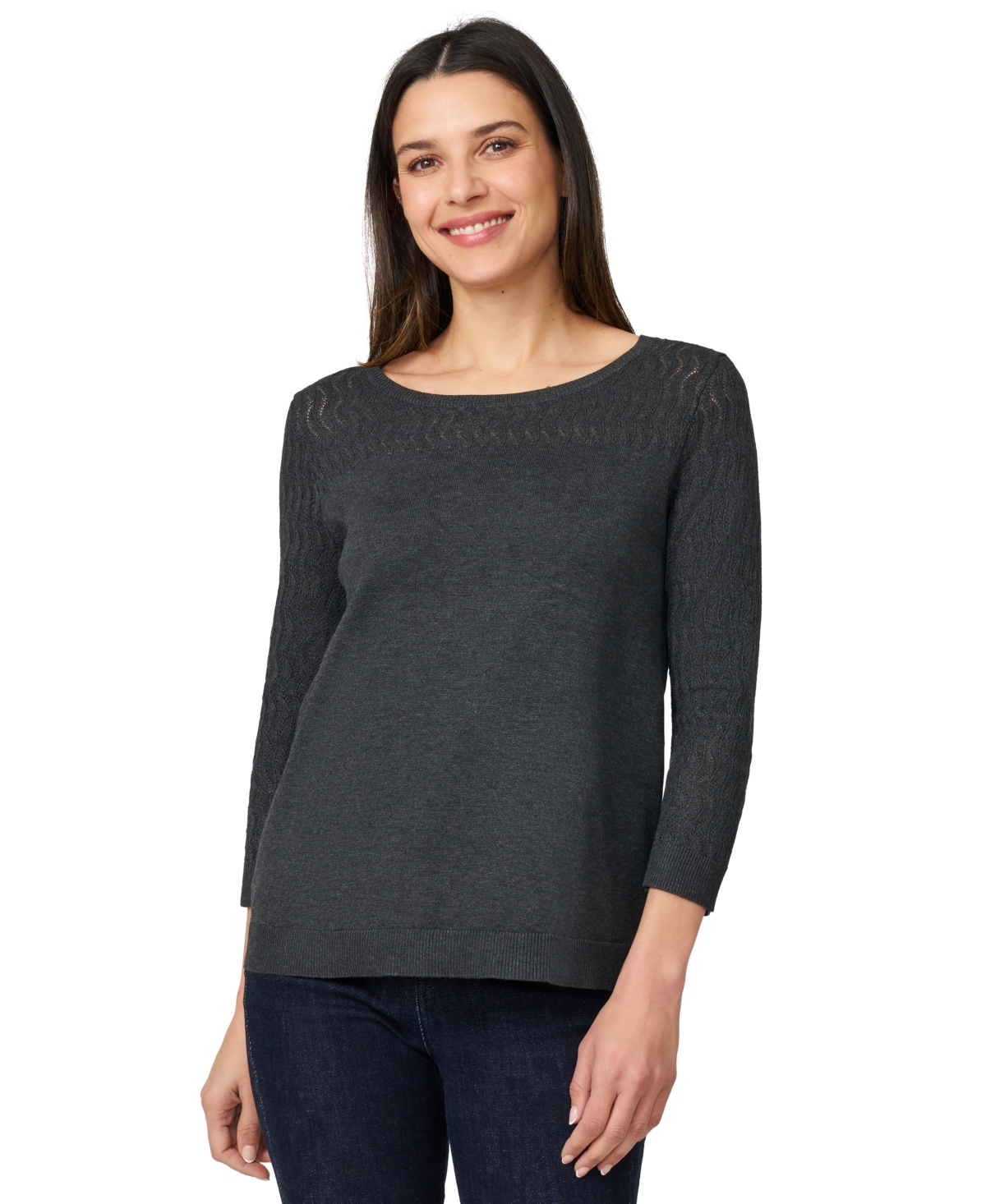 Melissa Paige Women's Crewneck Pointelle 3/4-Sleeve Lightweight Sweater