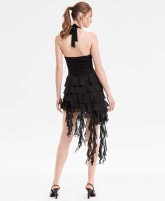 Juniors' Asymmetric Ruffled Halter Bodycon Dress