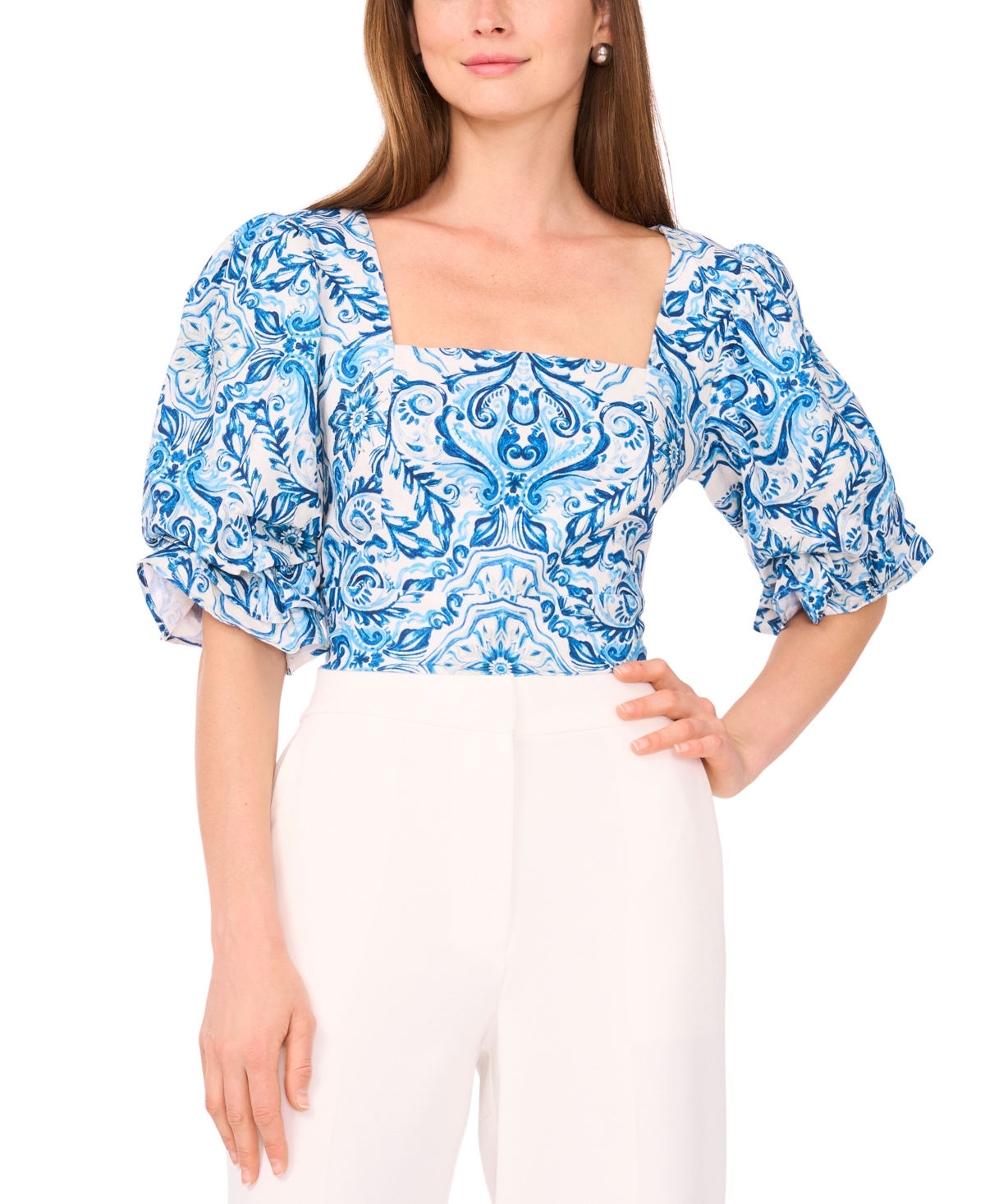 Parker Women's The Lona Printed Blouson-sleeve Blouse In Blue