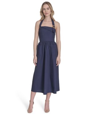 Vince Camuto - Women's Cotton Buckle Halter-Neck Midi Dress