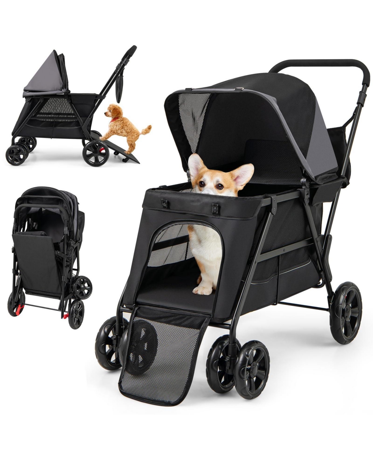 Dog Stroller for Medium Small Senior Elderly Dogs with Dual Entry - Black