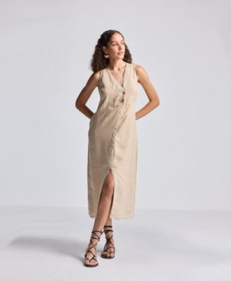 Women's Straight Dress with Front Slit in Neutral Beige Hemp