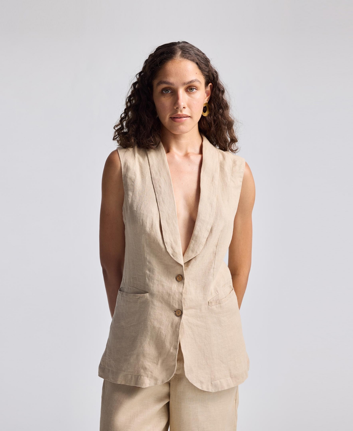 Women's Sleeveless Hemp Jacket Set - Neutral beige