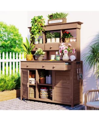 Garden Potting Bench Table with Hutch, Patio Storage Workstation