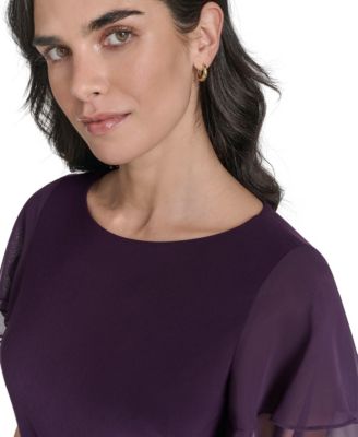 Petite Flutter-sleeve Sheath Knee Length Dress