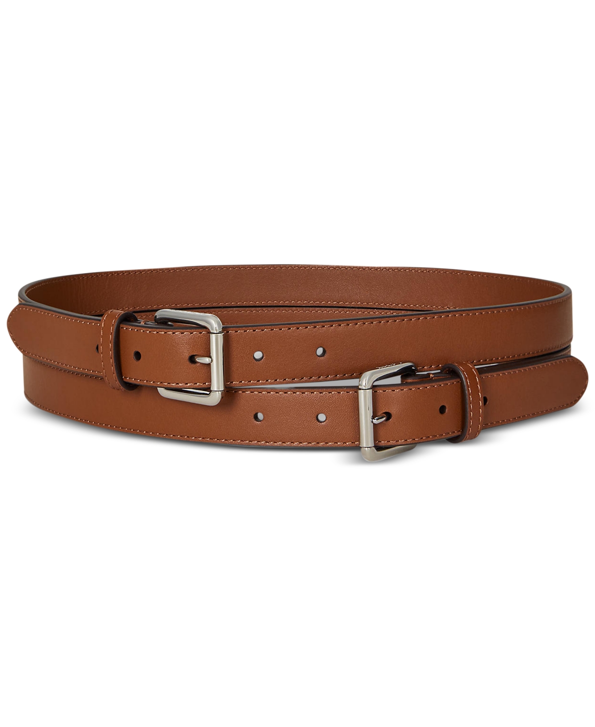 Double-Buckle Stacked Wide Leather Belt - Lauren Tan/palladium