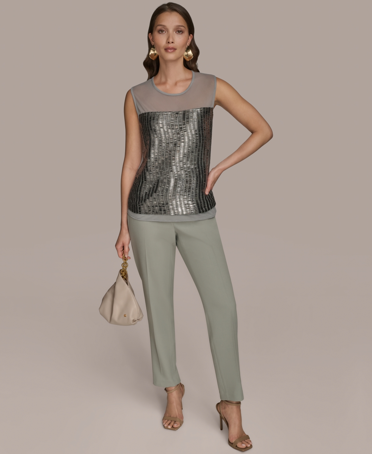Donna Karan Women's Sleeveless Beaded Mesh Top In Gray
