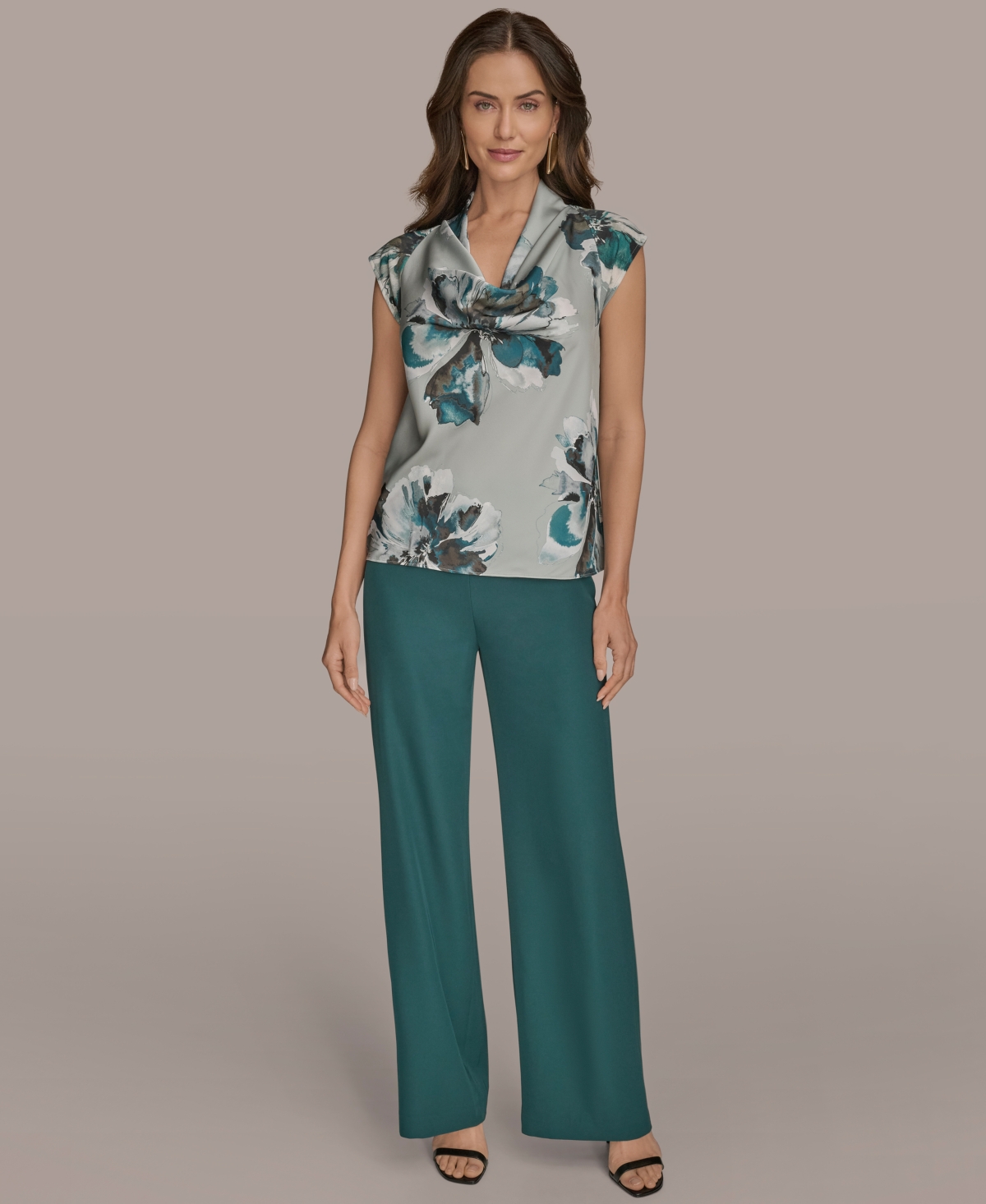 Donna Karan Printed Cap-sleeve Cowlneck Top