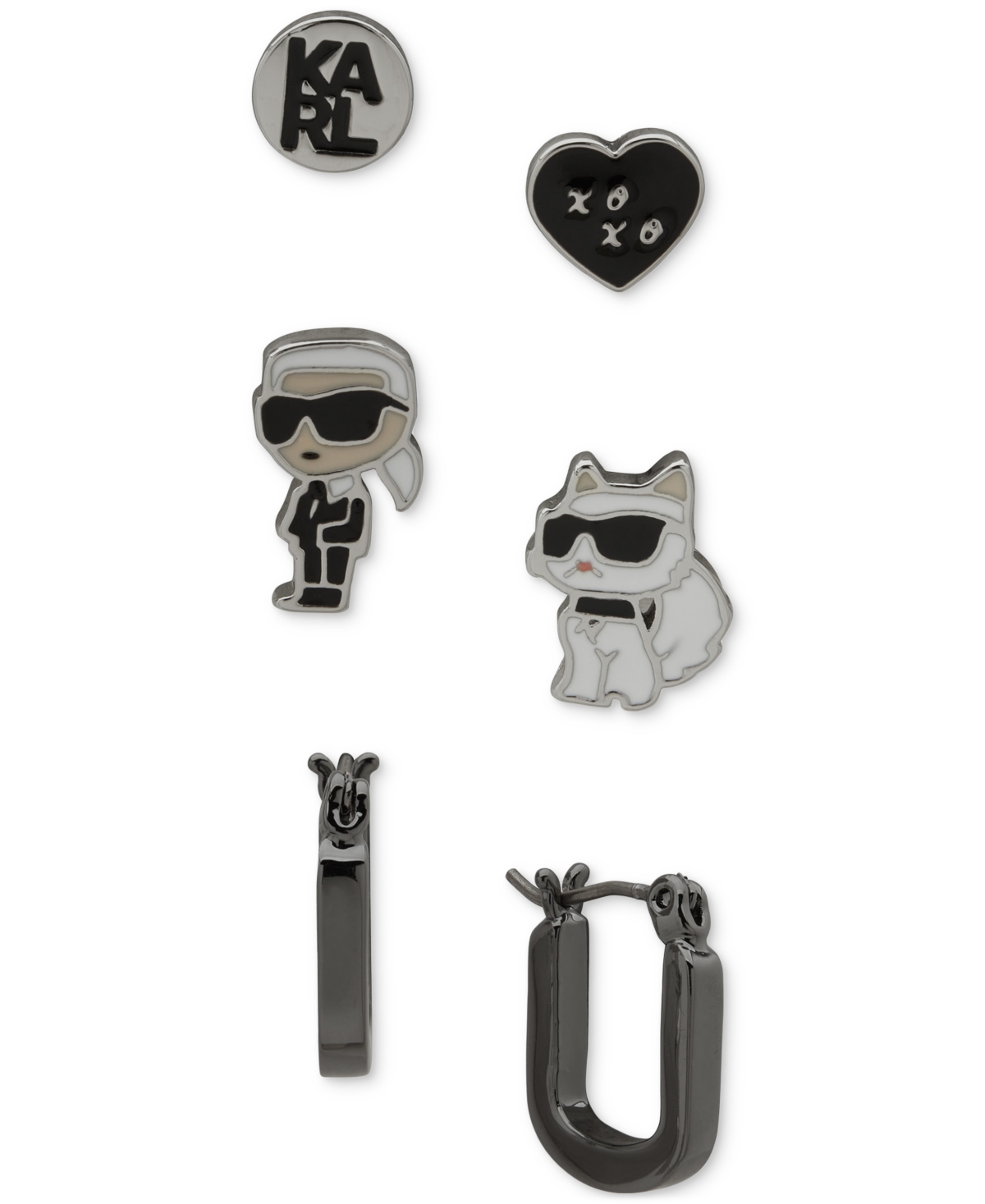 Karl Lagerfeld 3-pc. Mismatched Stud & Hoop Earrings Set In Black