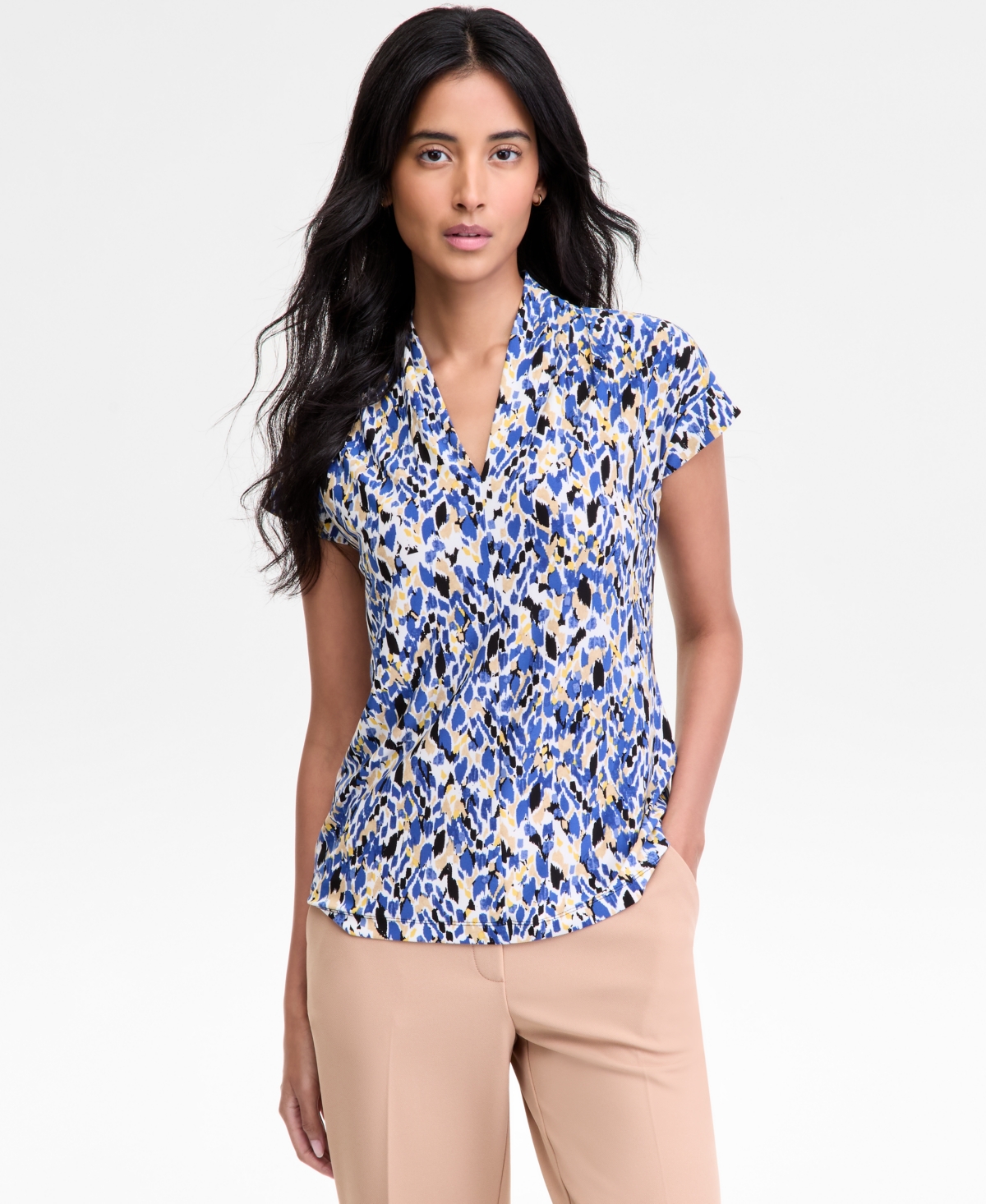 Women's Pleated V-Neck Cap-Sleeve Blouse - Vanilla Ice Multi