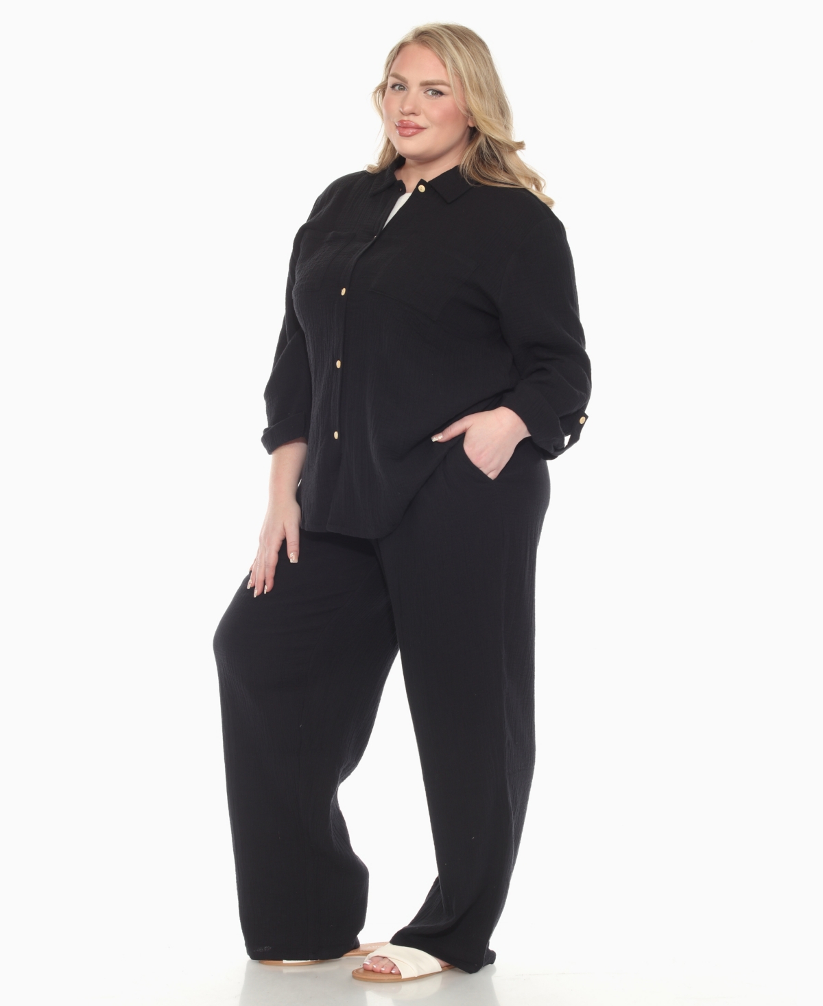 White Mark Plus Size Long Sleeve Button Down Cotton Gauze Set In Black