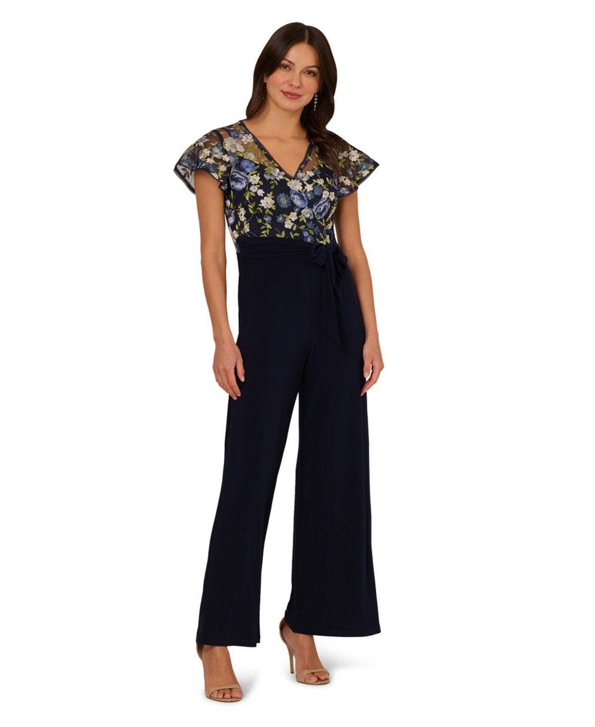Women's Embroidered Wide-Leg Jumpsuit - Navy Multi