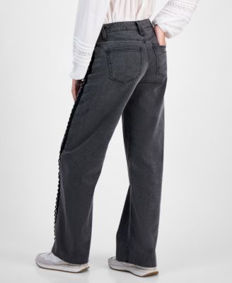 Juniors' Mid-Rise Lace-Seamed Baggy Jeans
