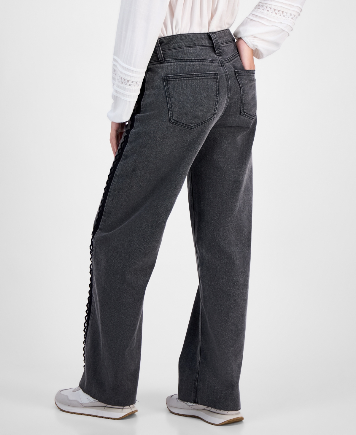 Tinseltown Juniors' Mid-rise Lace-seamed Baggy Jeans In Black