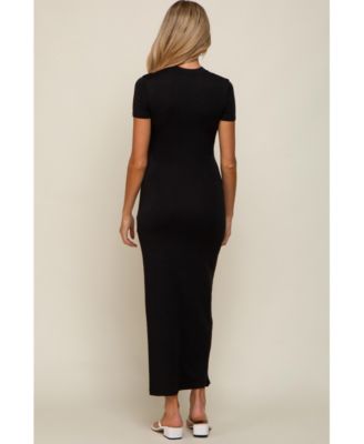 Black Mock Neck Front Slit Short Sleeve Maternity Maxi Dress 