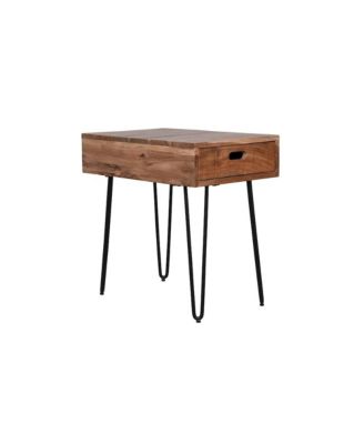 Rollins Solid Acacia End Table with Drawer Hairpin Metal Legs Rustic Wood Side Table
