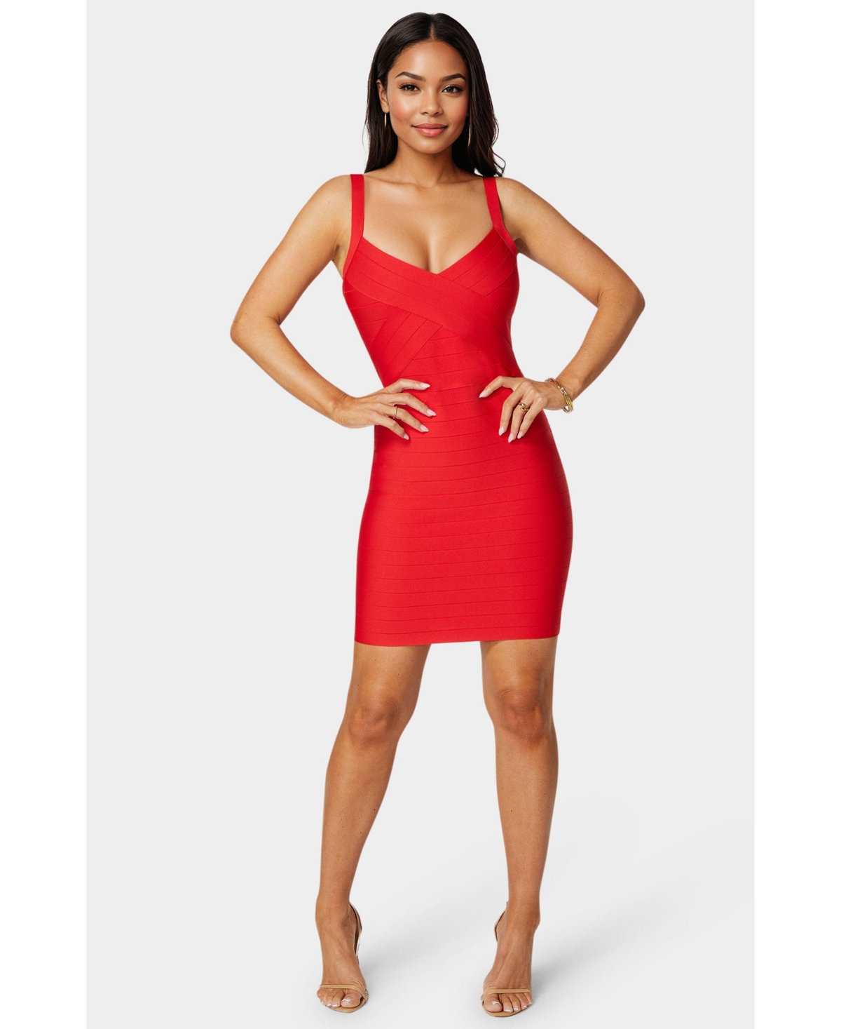 Women's V-Neck Strap Bandage Dress - Red