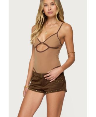 Women's Contrast Sheer Mesh Cut Out Bodysuit