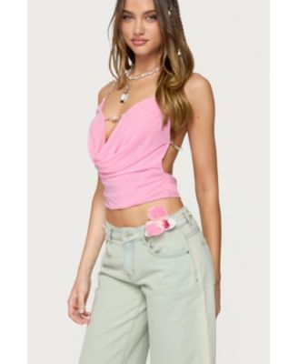 Women's Beaded Deep Cowl Neck Backless Top