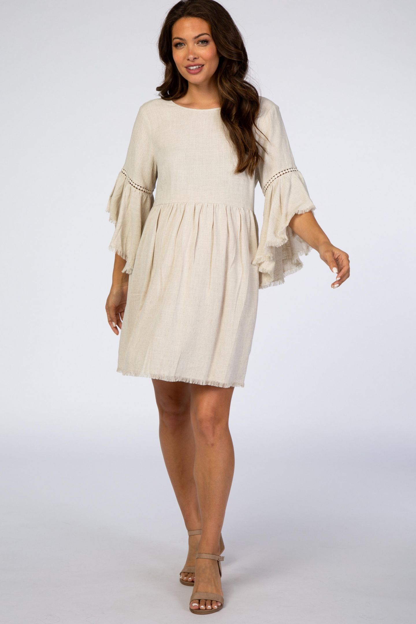 Женское платье Pinkblush Beige Raw Edge Bell Sleeve Babydoll, цвет: Кремовый — фото 9